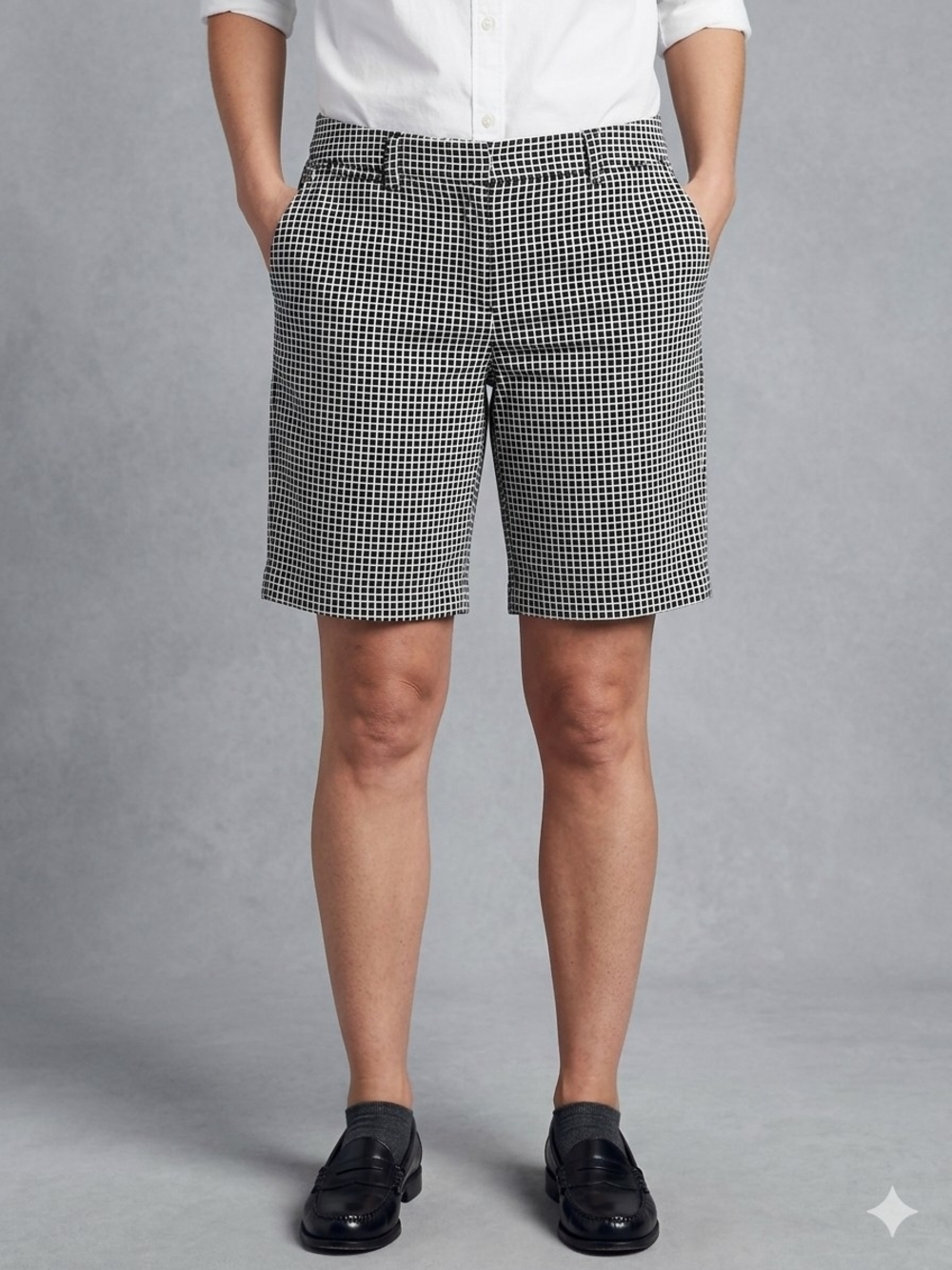 Lands' End Black & White Grid Check Mid Rise Chino Shorts Size 14